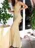 Yellow Shiny V Neck V Back Mermaid Prom Dresses LBQ1243
